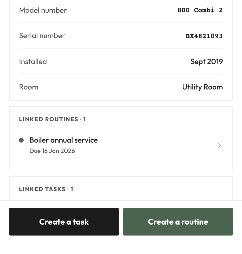 Herstia inventory item detail for a Baxi combi boiler, showing brand, model, serial number, and a linked routine