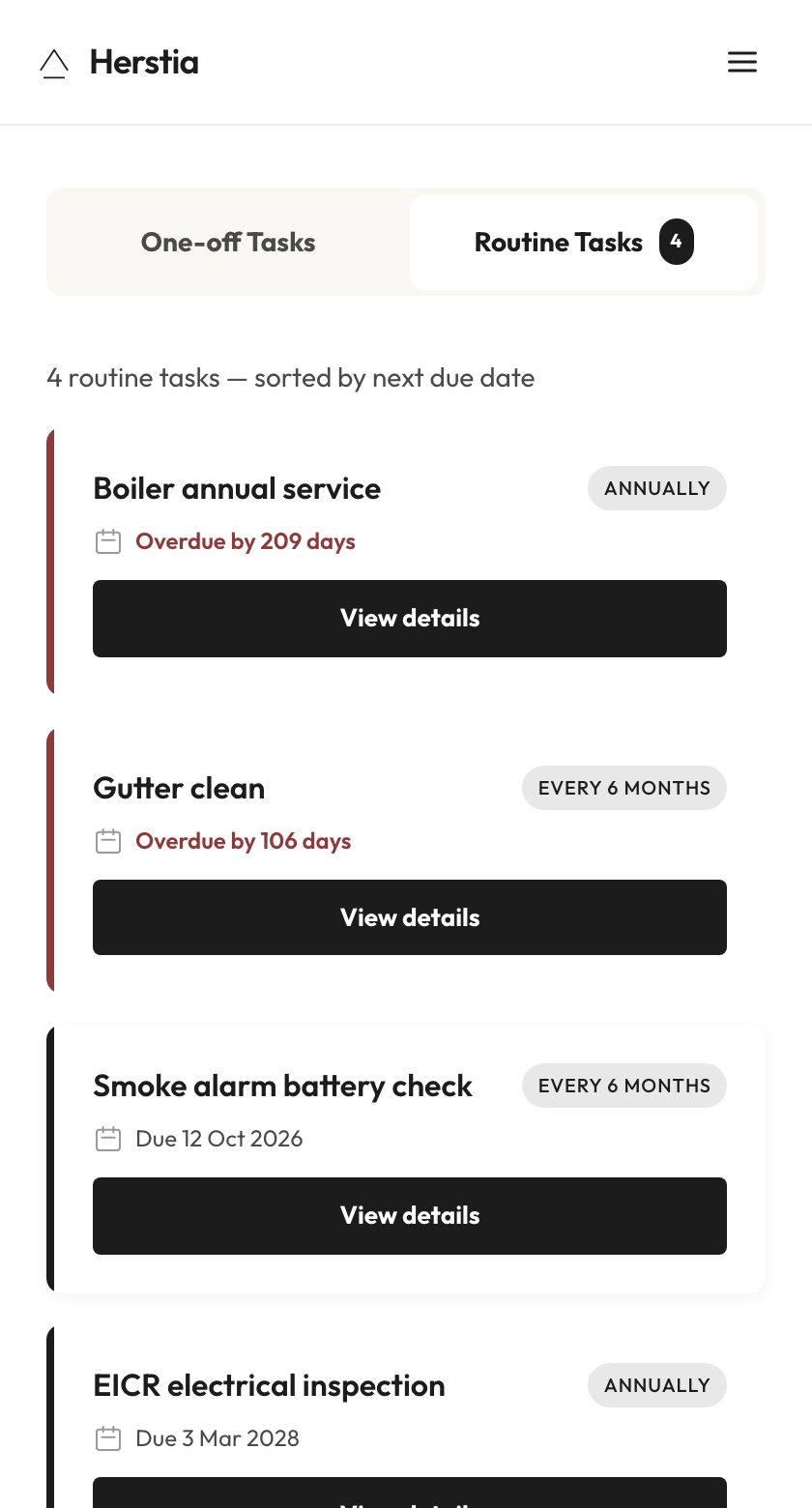 Herstia routine schedule showing overdue, due soon, and upcoming recurring maintenance tasks