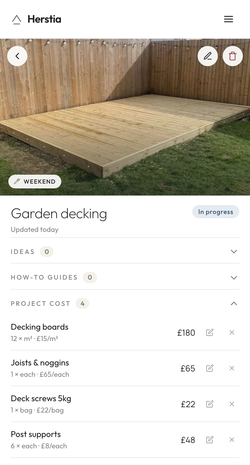 Herstia weekend project cost list for a garden decking build, with itemised materials and a running total